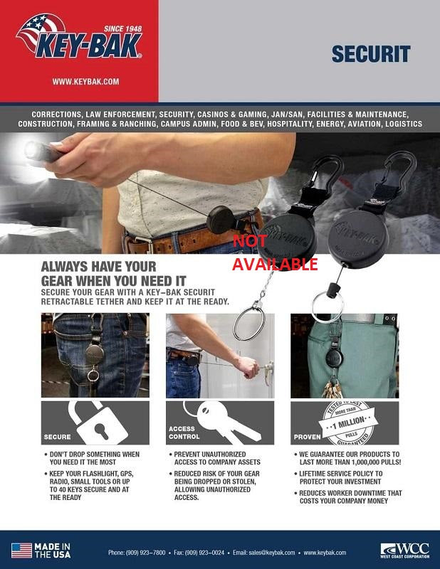 KEY-BAK SECURIT HEAVY DUTY RETRACTABLE KEYCHAIN WITH CARABINER  ATTACHMENT AND KEY RING (28" KEVLAR CORD)