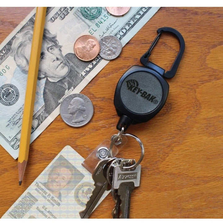KEY-BAK SIDEKICK RETRACTABLE KEYCHAIN & BADGE REEL WITH CARABINER KEY RING AND TWIST-FREE CLEAR VINYL I.D. STRAP (24" KEVLAR CORD)