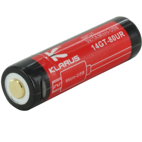 KLARUS 14GT-80UR 14500 800MAH 3.7V PROTECTED LITHIUM ION (LI-ION) HIGH-DRAIN 4A BUTTON TOP BATTERY WITH MICRO USB CHARGING PORT
