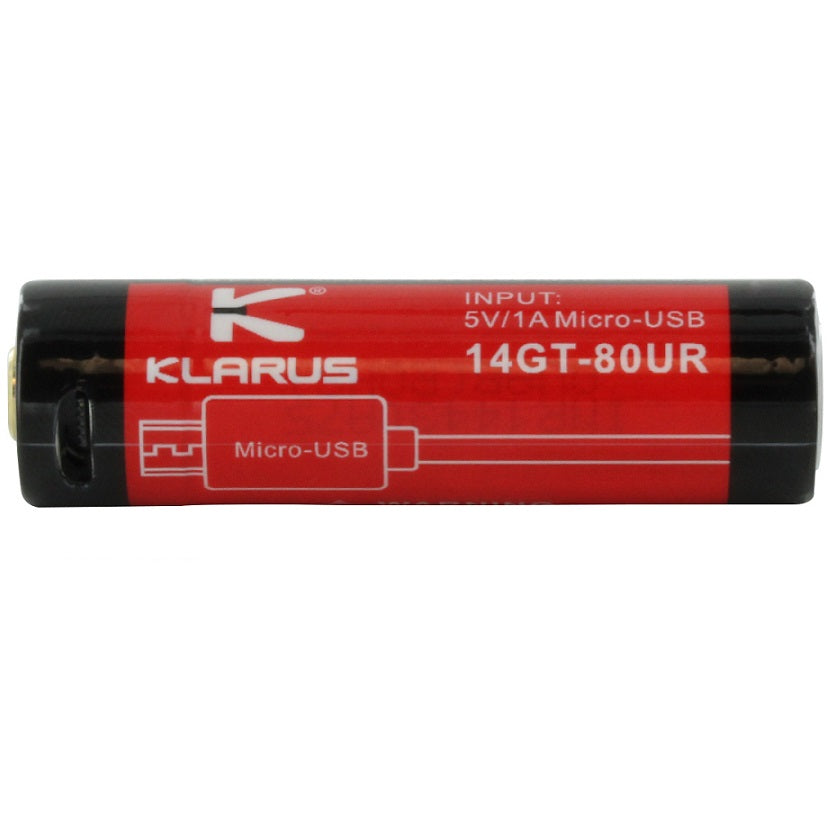 KLARUS 14GT-80UR 14500 800MAH 3.7V PROTECTED LITHIUM ION (LI-ION) HIGH-DRAIN 4A BUTTON TOP BATTERY WITH MICRO USB CHARGING PORT