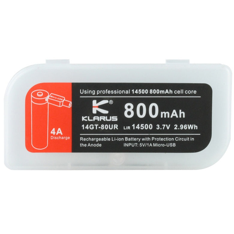 KLARUS 14GT-80UR 14500 800MAH 3.7V PROTECTED LITHIUM ION (LI-ION) HIGH-DRAIN 4A BUTTON TOP BATTERY WITH MICRO USB CHARGING PORT