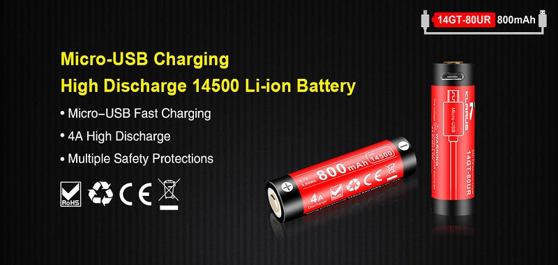 KLARUS 14GT-80UR 14500 800MAH 3.7V PROTECTED LITHIUM ION (LI-ION) HIGH-DRAIN 4A BUTTON TOP BATTERY WITH MICRO USB CHARGING PORT
