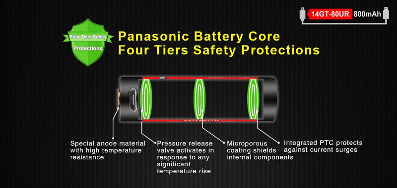 KLARUS 14GT-80UR 14500 800MAH 3.7V PROTECTED LITHIUM ION (LI-ION) HIGH-DRAIN 4A BUTTON TOP BATTERY WITH MICRO USB CHARGING PORT