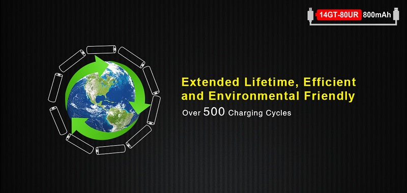 KLARUS 14GT-80UR 14500 800MAH 3.7V PROTECTED LITHIUM ION (LI-ION) HIGH-DRAIN 4A BUTTON TOP BATTERY WITH MICRO USB CHARGING PORT