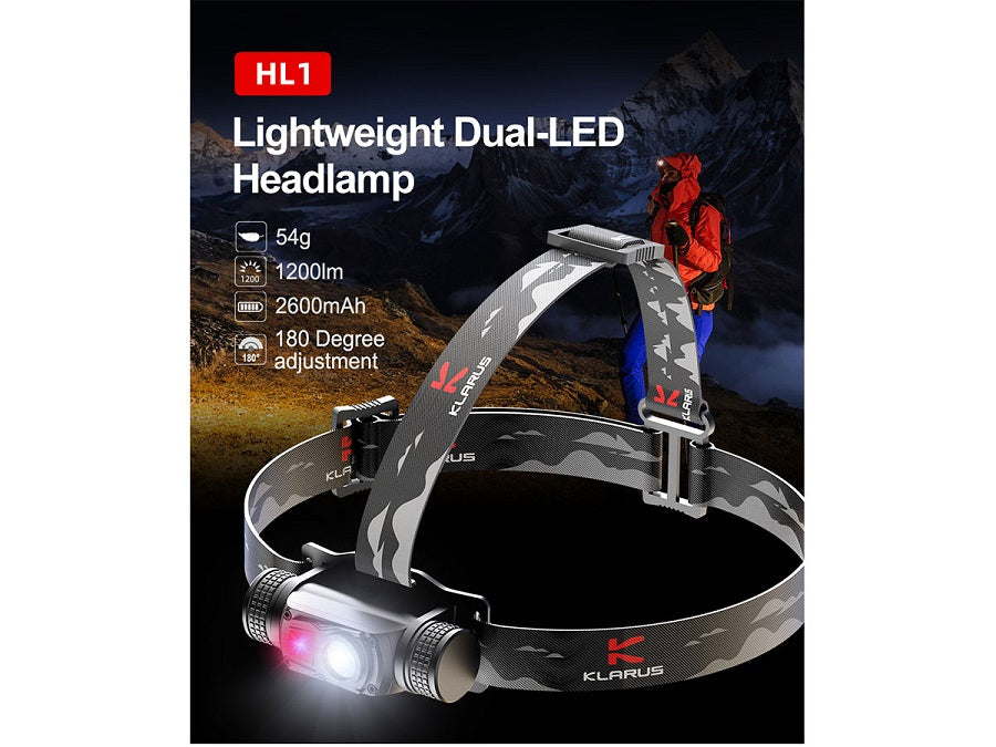 KLARUS HL1 RECHARGEABLE LED HEADLAMP - 1200 LUMENS - INCLUDES 1 X 18650