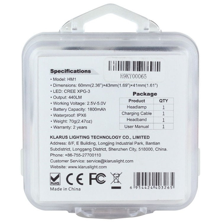 KLARUS HM1 SMART-SENSING RECHARGEABLE LED HEADLAMP - CREE XPG-3 - USES BUILT-IN 1800MAH LI-ION BATTERY PACK - 440 LUMENS