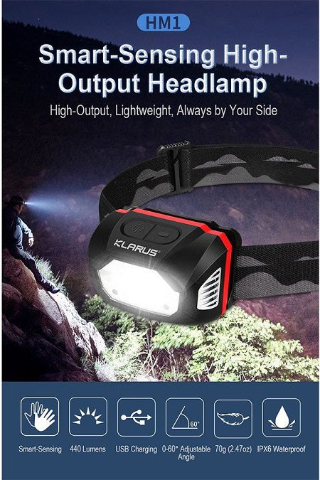 KLARUS HM1 SMART-SENSING RECHARGEABLE LED HEADLAMP - CREE XPG-3 - USES BUILT-IN 1800MAH LI-ION BATTERY PACK - 440 LUMENS