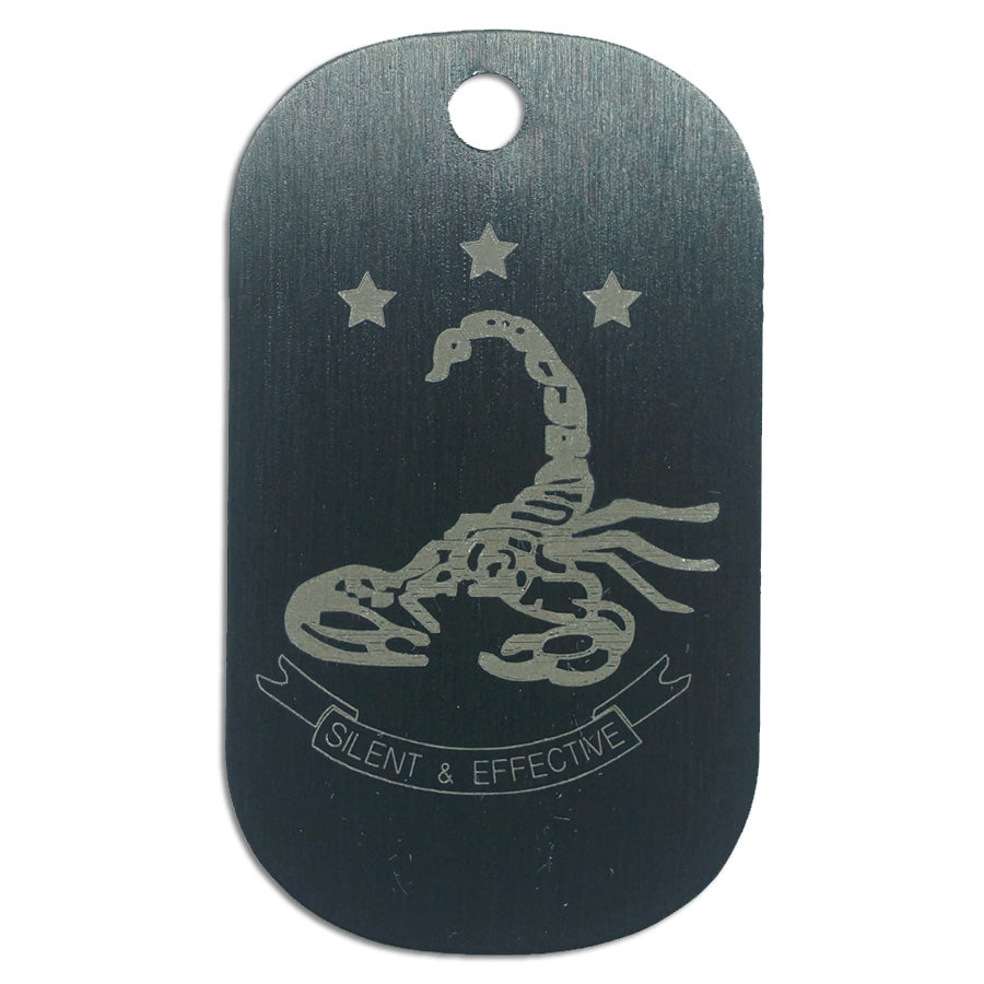LASER ENGRAVED BLACK ANODIZED LOGO DOG TAG - SILENT AND EFFECTIVE (3 SIR)
