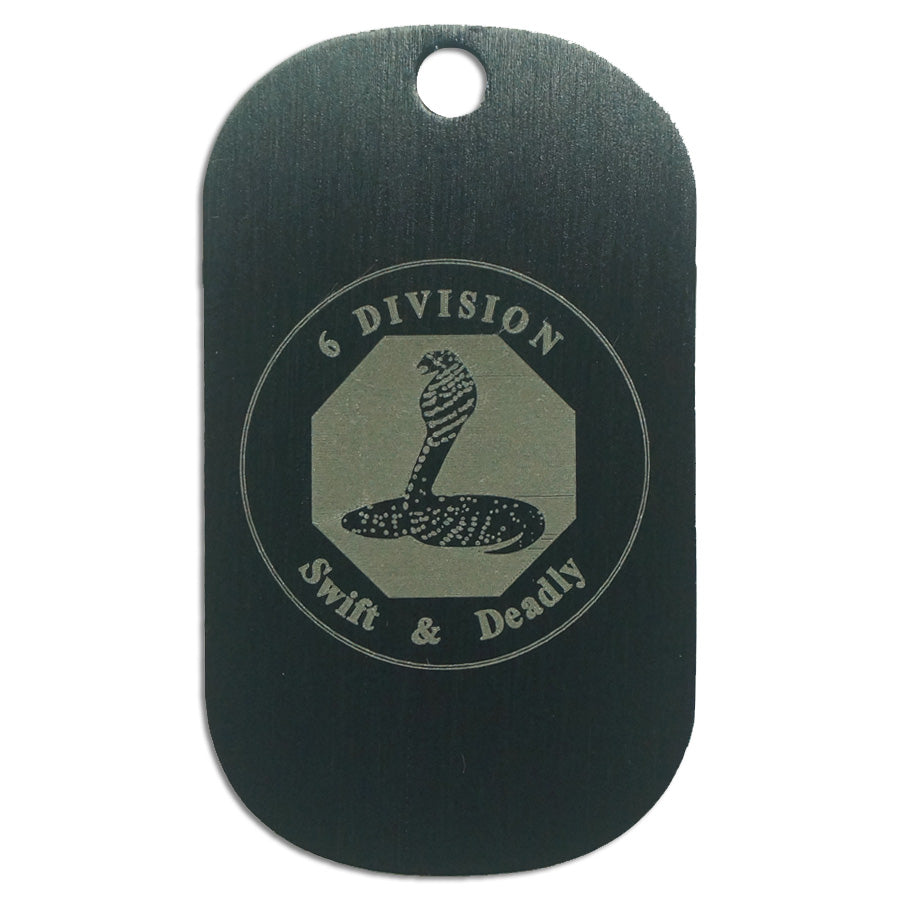 LASER ENGRAVED BLACK ANODIZED LOGO DOG TAG - SWIFT AND DEADLY (6 DIVISION)