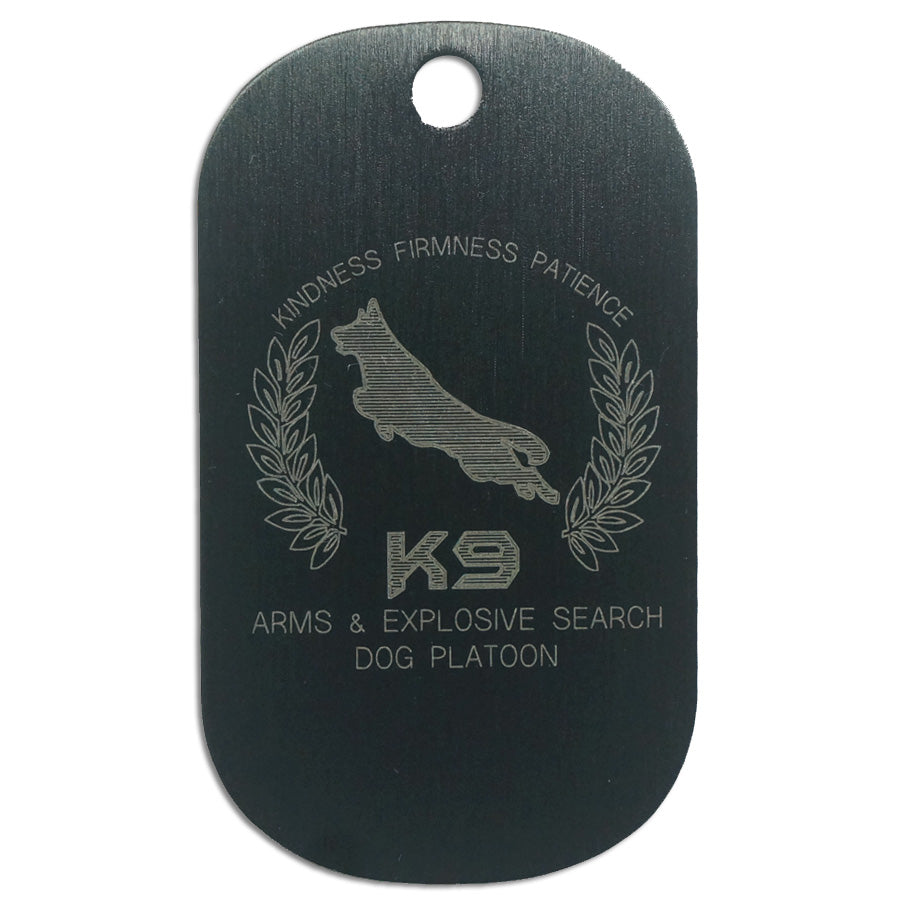 LASER ENGRAVED BLACK ANODIZED LOGO DOG TAG - ARMS AND EXPLOSIVE SEARCH DOG PLATOON (K9)