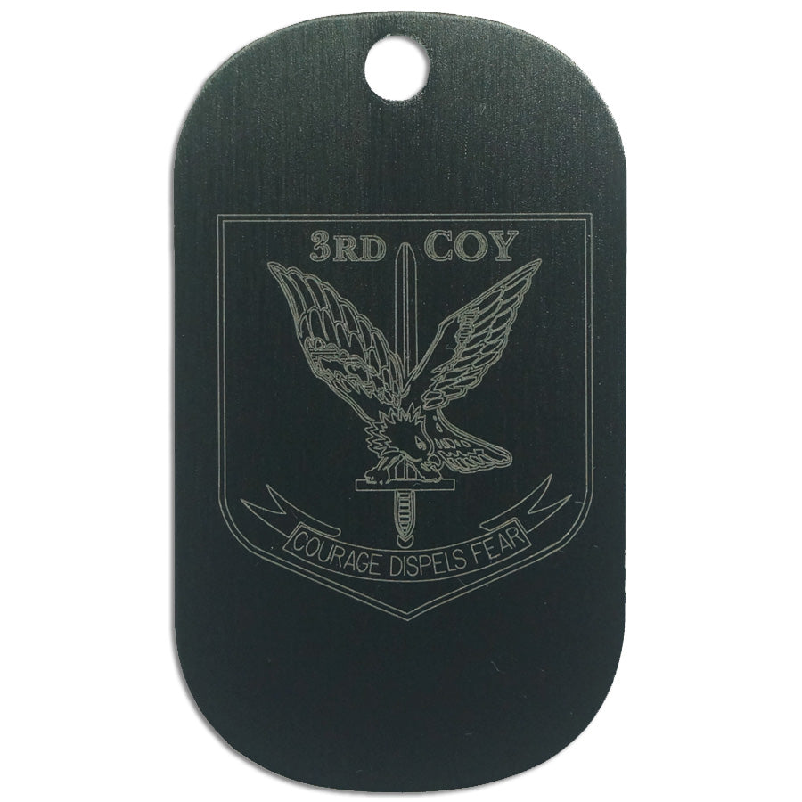 LASER ENGRAVED BLACK ANODIZED LOGO DOG TAG - COMMANDO 3RD COY COURAGE DISPELS FEAR