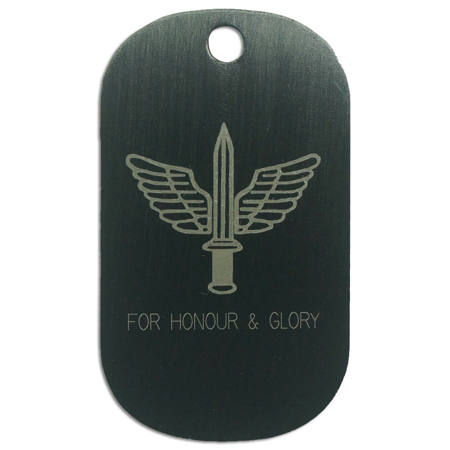 LASER ENGRAVED BLACK ANODIZED LOGO DOG TAG - FOR HONOUR AND GLORY (COMMANDO)