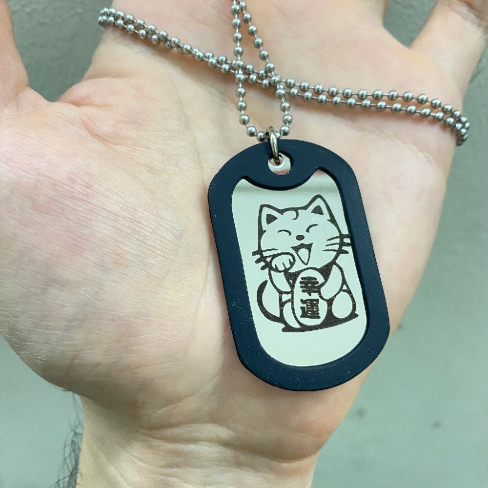 LASER ENGRAVED STAINLESS STEEL LOGO DOG TAG - LUCKY FORTUNE CAT