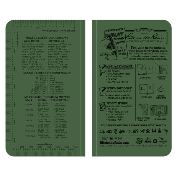 RITE IN THE RAIN WEATHERPROOF 3.5" X 6" NOTEBOOK - GREEN (964)