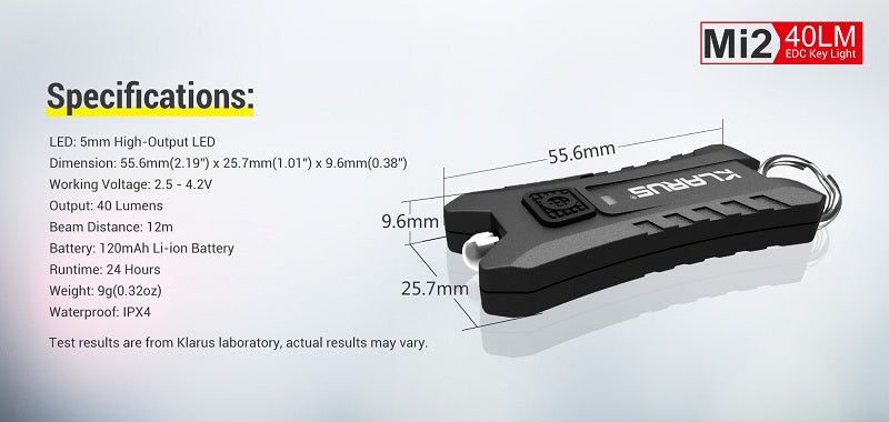 KLARUS MI2 RECHARGEABLE KEYCHAIN FLASHLIGHT - 5MM LED (BUILT-IN BATTERY) - 40 LUMENS - BLACK