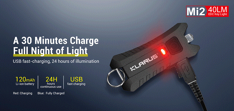 KLARUS MI2 RECHARGEABLE KEYCHAIN FLASHLIGHT - 5MM LED (BUILT-IN BATTERY) - 40 LUMENS - BLUE